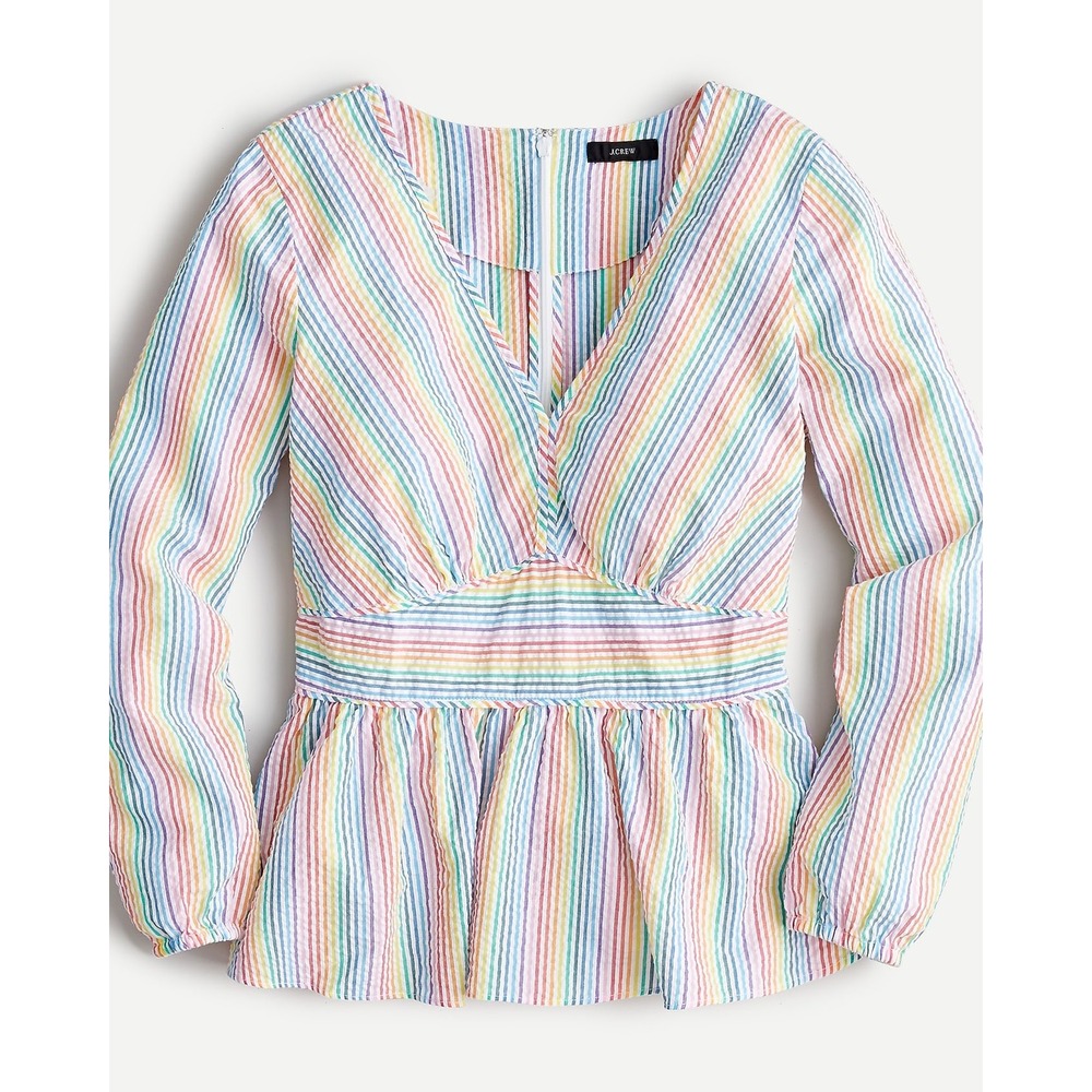 J Crew Top V-neck peplum in rainbow Multi Striped seersucker 00